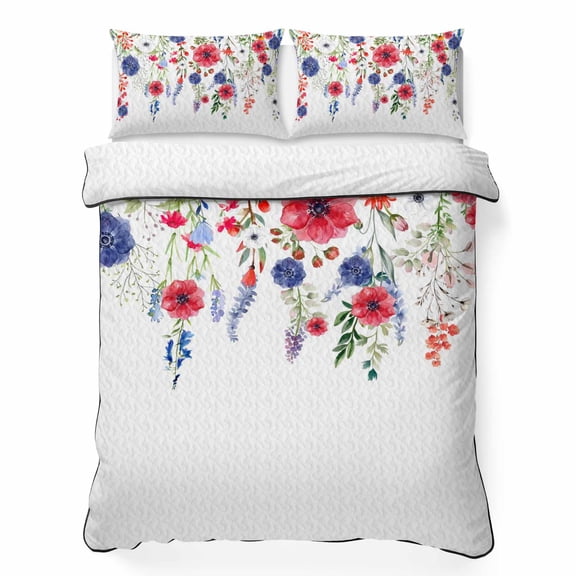 King Quilt Bedding Set, Independence Day Watercolor Poppy 3 Piece Bedding Set Lightweight Breathable Quilt with 2 Pillow Shams, Blossom Flower Hanging Leaf Soft Summer Comforter for Hot Sleepers