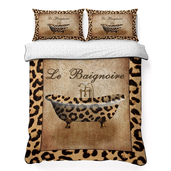 King Quilt Bedding Set Leopard Bathtub Summer Quilt Lightweight Quilted Coverlet with 2 Pillow Shams, Brown Animal Print Texture 3-Piece Bedspread Quilt Set for All Season