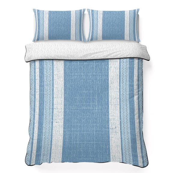 King Quilt Bedding Set, Light Blue Stripes Burlap Texture Soft Microfiber Summer Bedspread Coverlet with 2 Pillow Shams, Rustic Geometric Line Art Breathable Bedding Set for Hot Sleepers