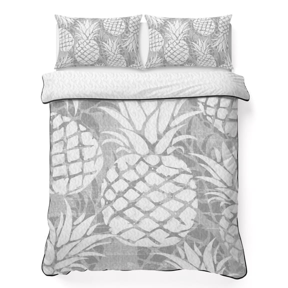 King Quilt Bedding Set, Light Gray Pineapple 3 Piece Bedding Set Lightweight Breathable Quilt with 2 Pillow Shams, Modern Fruit Art Soft Microfiber Summer Comforter for Hot Sleepers