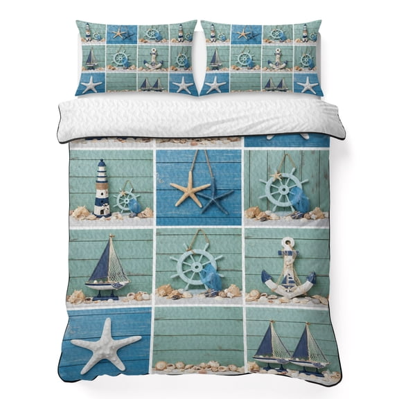 King Quilt Bedding Set, Lighthouse Compass Shell Starfish Sailboat Soft Microfiber Summer Bedspread Coverlet with 2 Pillow Shams, Summer Nautical Theme Breathable Bedding Set for Hot Sleepers
