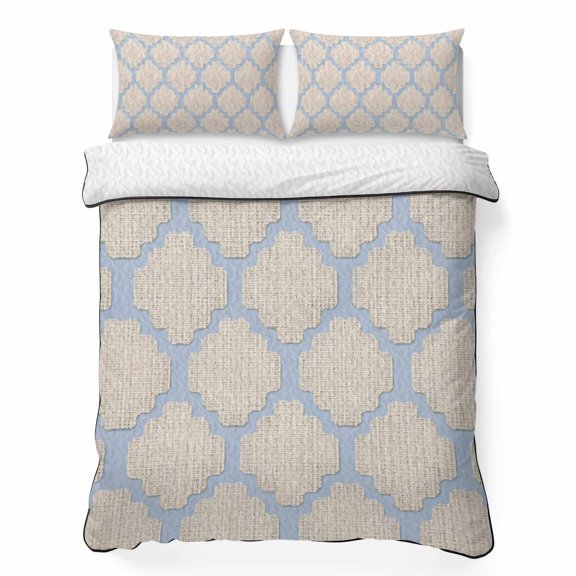 King Quilt Bedding Set, Linen Moroccan Tile 3 Piece Bedding Set Lightweight Breathable Quilt with 2 Pillow Shams, Boho Geometric Pattern Seamless Soft Microfiber Summer Comforter for Hot Sleepers