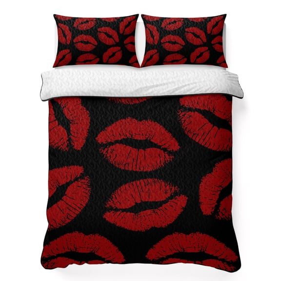 King Quilt Bedding Set Lipprint Kisses Red and Black Breathable Summer Cooling Blanket for Hot Sleepers, Valentine's Day Lips Texture Soft Bedding Set with 2 Pillow Shams for All Season