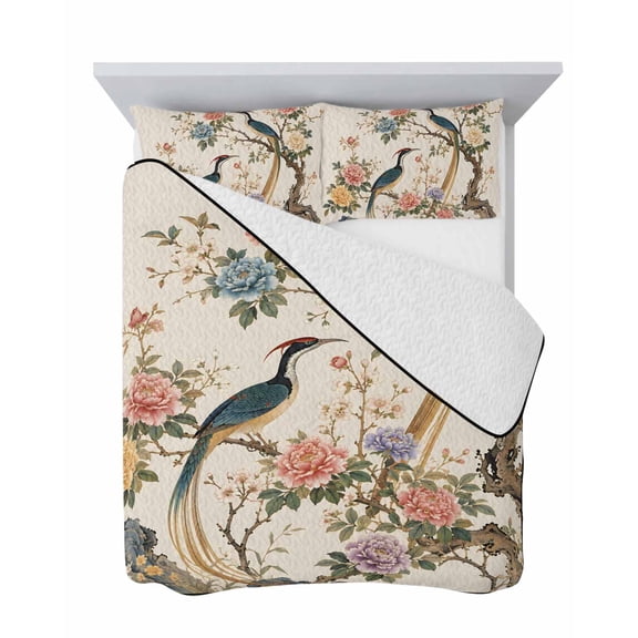 King Quilt Bedding Set, Long-tailed Birds Peony Soft Microfiber Summer Bedspread Coverlet with 2 Pillow Shams for All Season, Chines Style Floral Art Breathable Bedding Set for Hot Sleepers