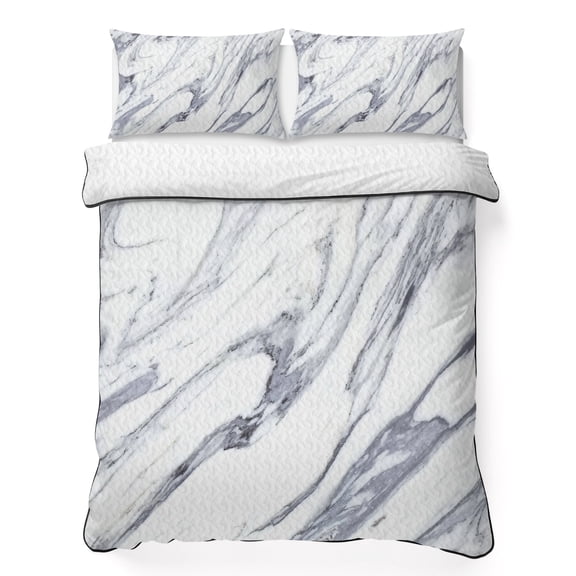 King Quilt Bedding Set Marble Stone Texture Lightweight Summer Quilted Coverlet for Hot Sleepers, Grey and White Breathable Soft Cooling Blanket with 2 Pillow Shams for All Season