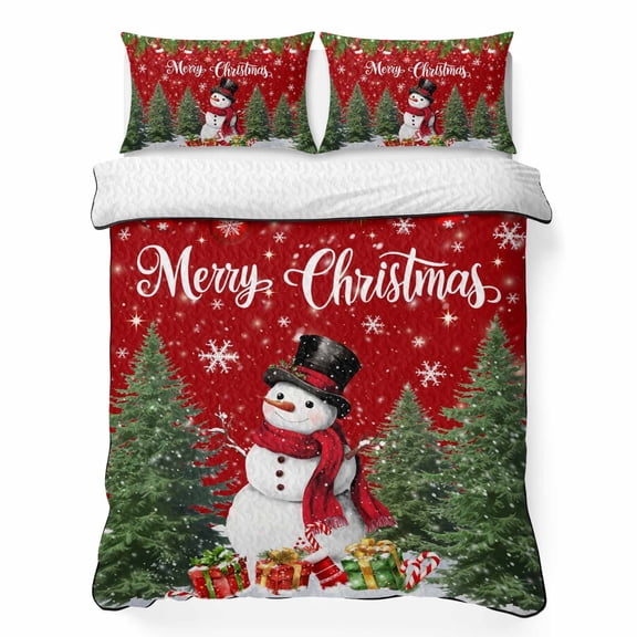 King Quilt Bedding Set, Merry Christmas Snowman Green Pine Tree Soft Microfiber Summer Bedspread Coverlet with 2 Pillow Shams, Winter Snowflakes Red Breathable Bedding Set for Hot Sleepers