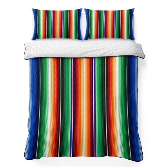 King Quilt Bedding Set, Mexican Colorful Stripe Soft Microfiber Summer Bedspread Coverlet with 2 Pillow Shams for All Season, Gradient Geometric Art Breathable Bedding Set for Hot Sleepers