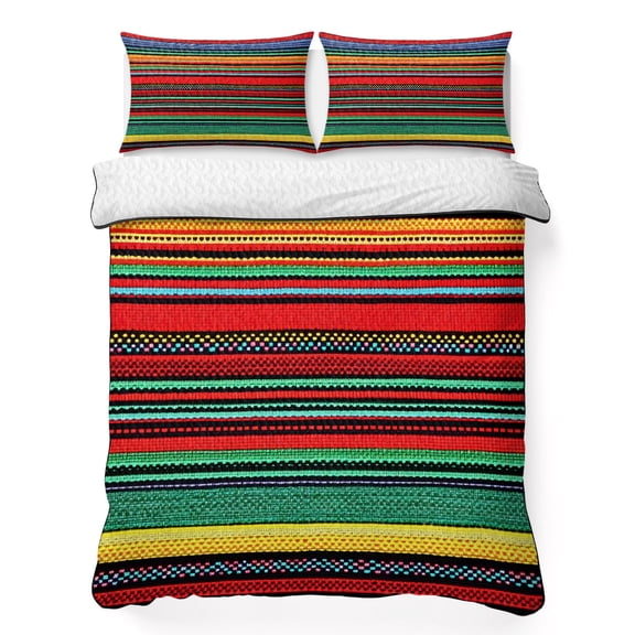 King Quilt Bedding Set, Mexican Colorful Stripes Soft Microfiber Summer Bedspread Coverlet with 2 Pillow Shams for All Season, Rainbow Lines Ethnic Style Breathable Bedding Set for Hot Sleepers
