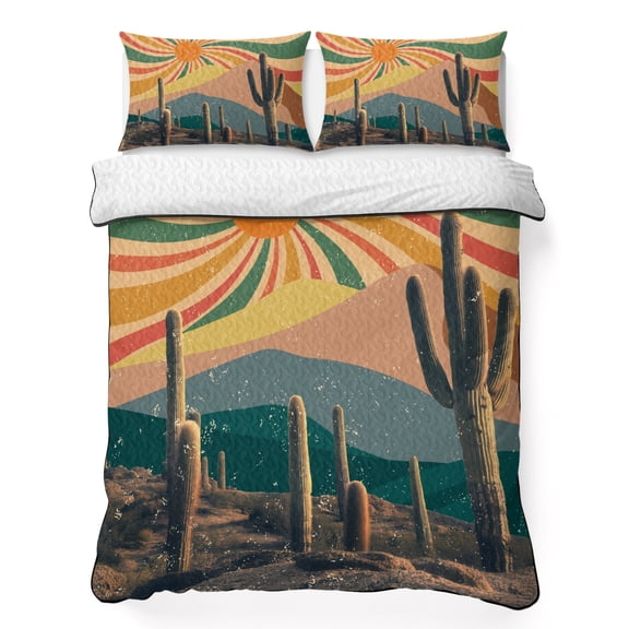 King Quilt Bedding Set, Mid Century Desert Cactus Tropical Plant Soft Microfiber Summer Bedspread Coverlet with 2 Pillow Shams, Retro Simple Abstract Art Breathable Bedding Set for Hot Sleepers