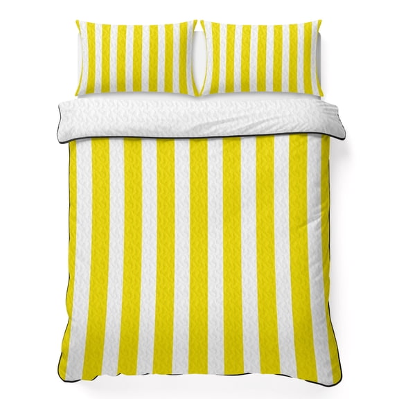 King Quilt Bedding Set Minimalist Modern Yellow White Stripe Summer Quilt Lightweight Quilted Coverlet with 2 Pillow Shams, Simple Line Texture 3-Piece Bedspread Quilt Set for All Season