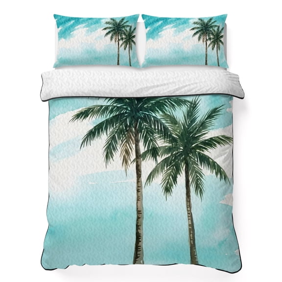 King Quilt Bedding Set, Minimalist Tropical Palm Trees Soft Microfiber Summer Bedspread Coverlet with 2 Pillow Shams for All Season, Cyan Background Breathable Bedding Set for Hot Sleepers