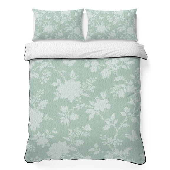 King Quilt Bedding Set Mint Green Rose Pastoral Leaf Summer Quilt Lightweight Quilted Coverlet with 2 Pillow Shams, Vintage Country Floral 3-Piece Bedspread Quilt Set for All Season