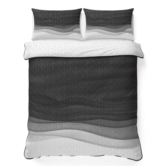 King Quilt Bedding Set, Modern Black Ombre Water Ripple Soft Microfiber Summer Bedspread Coverlet with 2 Pillow Shams, Gradient Stripe Minimalist Breathable Bedding Set for Hot Sleepers