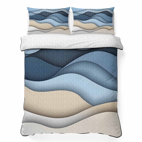 King Quilt Bedding Set, Modern Blue Khaki Stripe Ombre Soft Microfiber Summer Bedspread Coverlet with 2 Pillow Shams for All Season, Abstract Water Ripple Art Breathable Bedding Set for Hot Sleepers