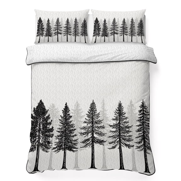 King Quilt Bedding Set, Modern Pine Forest on Beige 3 Piece Bedding Set Lightweight Breathable Quilt with 2 Pillow Shams, Black Tree Silhouette Soft Microfiber Summer Comforter for Hot Sleepers