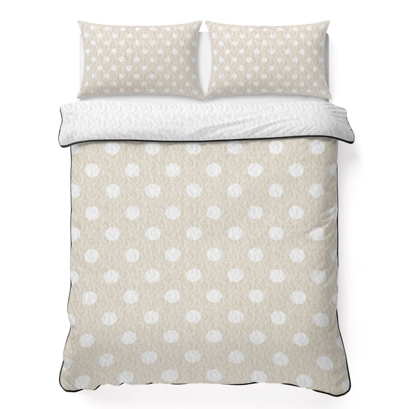 King Quilt Bedding Set, Modern White Polka Dot Soft Microfiber Summer Bedspread Coverlet with 2 Pillow Shams for All Season, Abstract Geometric Retro Linen Breathable Bedding Set for Hot Sleepers