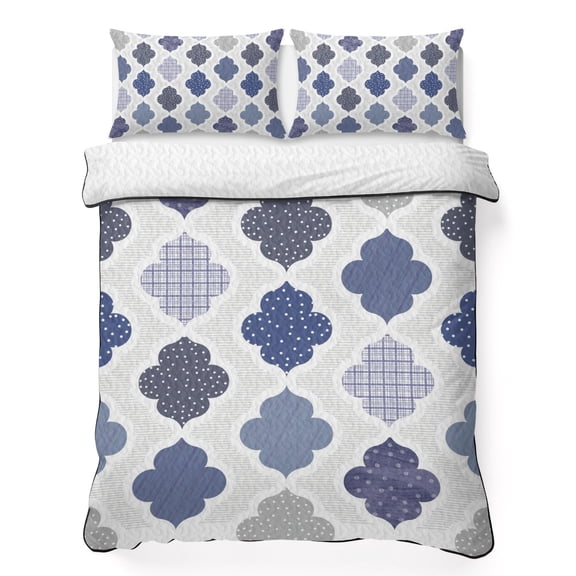 King Quilt Bedding Set, Moroccan Blue Gray Geometric Soft Microfiber Summer Bedspread Coverlet with 2 Pillow Shams for All Season, Abstract Grid Bohemian Breathable Bedding Set for Hot Sleepers