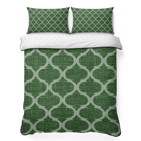 King Quilt Bedding Set, Moroccan Dark Green Geometric Soft Microfiber Summer Bedspread Coverlet with 2 Pillow Shams for All Season, Medieval Ethnic Pattern Breathable Bedding Set for Hot Sleepers