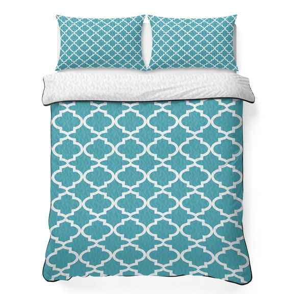 King Quilt Bedding Set Moroccan Geometric Pattern Summer Quilt Lightweight Quilted Coverlet with 2 Pillow Shams, Abstract Turquoise Minimalist Art 3-Piece Bedspread Quilt Set for All Season