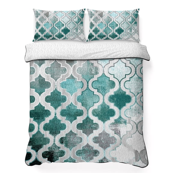 King Quilt Bedding Set, Moroccan Lattice Teal Gradient Soft Microfiber Summer Bedspread Coverlet with 2 Pillow Shams, Watercolor Oil Painting Style Breathable Bedding Set for Hot Sleepers