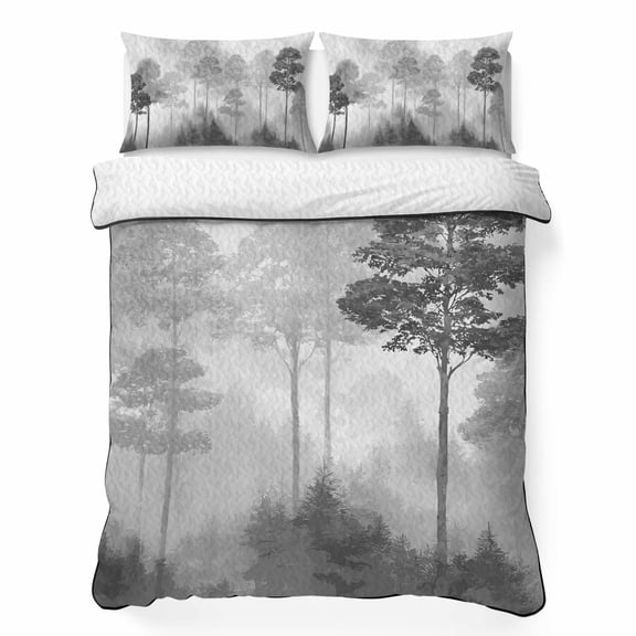 King Quilt Bedding Set, Natural Misty Forest Pine Trees Soft Microfiber Summer Bedspread Coverlet with 2 Pillow Shams, Monochromic Wild Plant Scene Breathable Bedding Set for Hot Sleepers