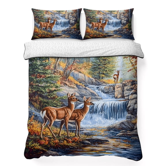 King Quilt Bedding Set Natural Wild Deer Stream Forest Summer Quilt Lightweight Quilted Coverlet with 2 Pillow Shams, Country Field Scenery 3-Piece Bedspread Quilt Set for All Season