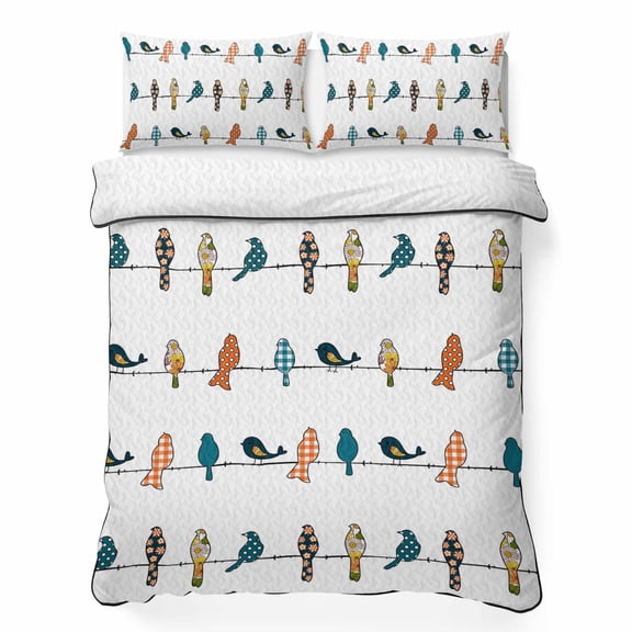 King Quilt Bedding Set, Nature Animals Birds Soft Microfiber Summer Bedspread Coverlet with 2 Pillow Shams, Buffalo Plaid Polka Dots Bird Black Line Breathable Bedding Set for Hot Sleepers