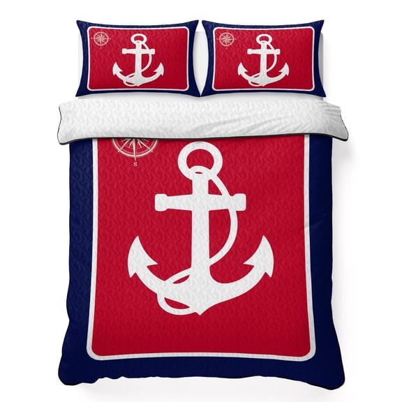 King Quilt Bedding Set Nautical Anchor Compass Marine Theme Breathable Summer Cooling Blanket for Hot Sleepers, Red Blue White Lightweight Soft Bedding Set with 2 Pillow Shams for All Season