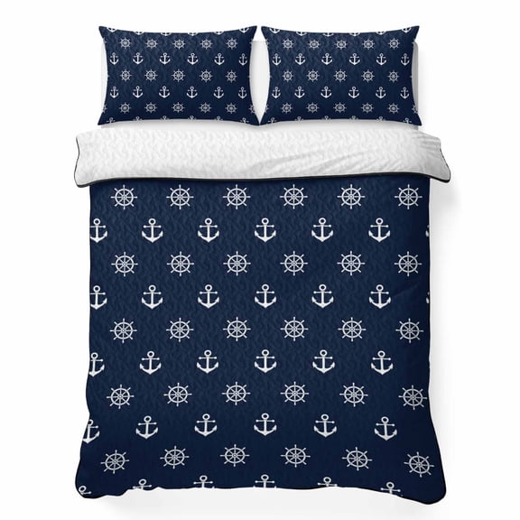 King Quilt Bedding Set Nautical Anchor Compass Seamless Breathable Summer Cooling Blanket for Hot Sleepers, Coastal Navy Blue Theme Lightweight Soft Bedding Set with 2 Pillow Shams for All Season