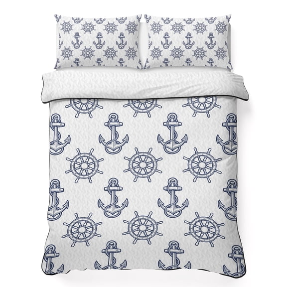 King Quilt Bedding Set Nautical Anchor Ship Rudder Summer Quilt Lightweight Quilted Coverlet with 2 Pillow Shams, Summer Ocean Theme Blue White 3-Piece Bedspread Quilt Set for All Season