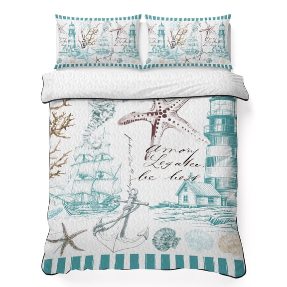King Quilt Bedding Set Nautical Anchor Starfish Lighthouse Breathable Summer Cooling Blanket for Hot Sleepers, Ocean Shell Vintage Teal Stripe Soft Bedding Set with 2 Pillow Shams for All Season