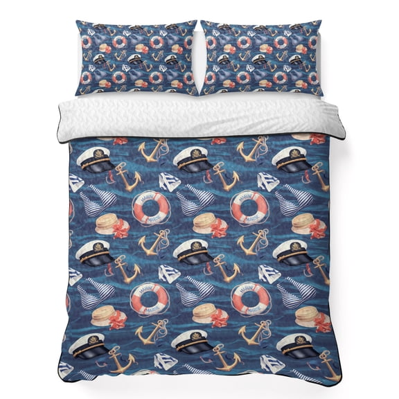 King Quilt Bedding Set Nautical Anchor Swimsuit Navy Cap Seamless Summer Quilt Lightweight Quilted Coverlet with 2 Pillow Shams, Navy Blue Ocean 3-Piece Bedspread Quilt Set for All Season