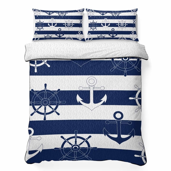 King Quilt Bedding Set, Nautical Compass Anchor Soft Microfiber Summer Bedspread Coverlet with 2 Pillow Shams, Coastal Ocean Navy Blue White Stripe Breathable Bedding Set for Hot Sleepers