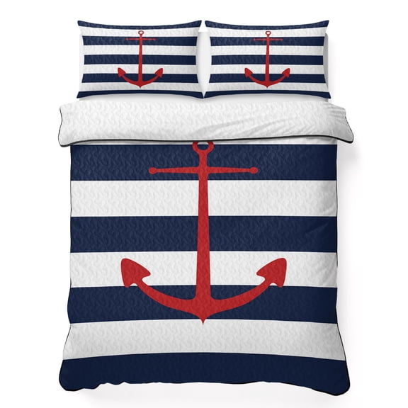 King Quilt Bedding Set Nautical Retro Red Anchor on Stripes Lightweight Summer Quilted Coverlet for Hot Sleepers, Navy Blue and White Breathable Soft Blanket with 2 Pillow Shams for All Season