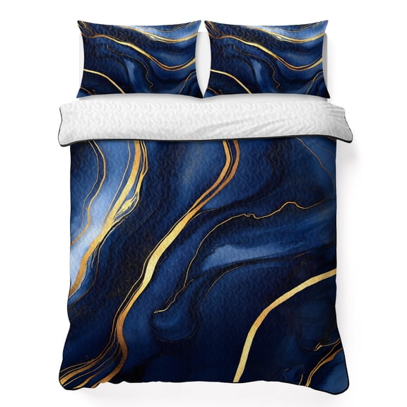 King Quilt Bedding Set, Navy Blue Marble Gold Foil Soft Microfiber Summer Bedspread Coverlet with 2 Pillow Shams, Abstract Geometric Minimalist Style Breathable Bedding Set for Hot Sleepers