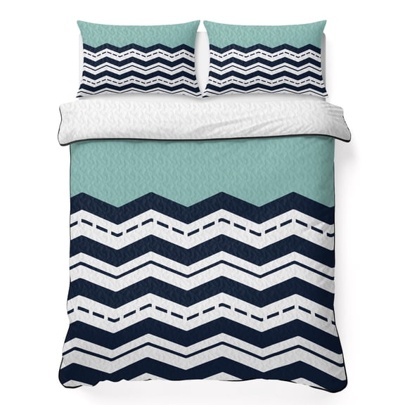 King Quilt Bedding Set Navy Blue Wavy Abstract Geometric Lightweight Summer Quilted Coverlet for Hot Sleepers, Watercolor Zigzag Chevron Breathable Soft Blanket with 2 Pillow Shams for All Season