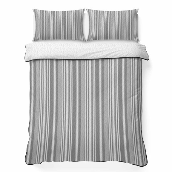 King Quilt Bedding Set, Neutral Textured Striped 3 Piece Bedding Set Lightweight Breathable Quilt with 2 Pillow Shams, Light Grey Thin Stripe Pattern Soft Summer Comforter for Hot Sleepers