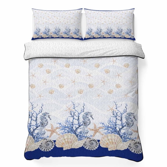 King Quilt Bedding Set, Ocean Shells Starfish Blue Coral Soft Microfiber Summer Bedspread Coverlet with 2 Pillow Shams for All Season, Navy Blue Breathable Bedding Set for Hot Sleepers