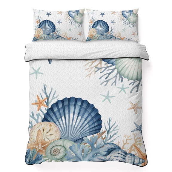 King Quilt Bedding Set Ocean Starfish Blue Seashell Coral Lightweight Summer Quilted Coverlet for Hot Sleepers, Underwater World Breathable Soft Cooling Blanket with 2 Pillow Shams for All Season
