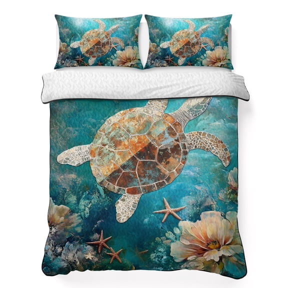King Quilt Bedding Set Ocean Submarine Coral Turtle Starfish Lightweight Summer Quilted Coverlet for Hot Sleepers, Undersea Creatures Breathable Soft Blanket with 2 Pillow Shams for All Season