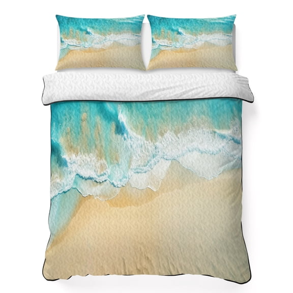 King Quilt Bedding Set, Ocean Summer Beach Sea Wave Soft Microfiber Summer Bedspread Coverlet with 2 Pillow Shams, Watercolor Sandbeach Coastline Art Breathable Bedding Set for Hot Sleepers