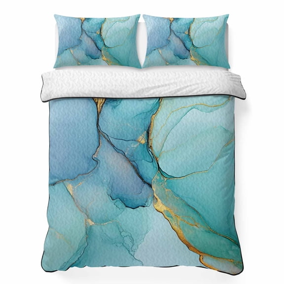King Quilt Bedding Set, Ombre Aqua Green Blue Marble Soft Microfiber Summer Bedspread Coverlet with 2 Pillow Shams for All Season, Golden Vein Abstract Color Breathable Bedding Set for Hot Sleepers