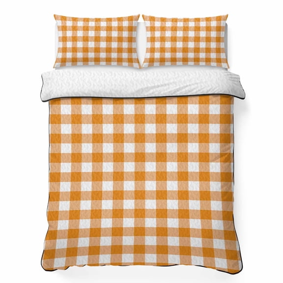 King Quilt Bedding Set, Orange and White Buffalo Checkered Soft Microfiber Summer Bedspread Coverlet with 2 Pillow Shams for All Season, Country Style Breathable Bedding Set for Hot Sleepers