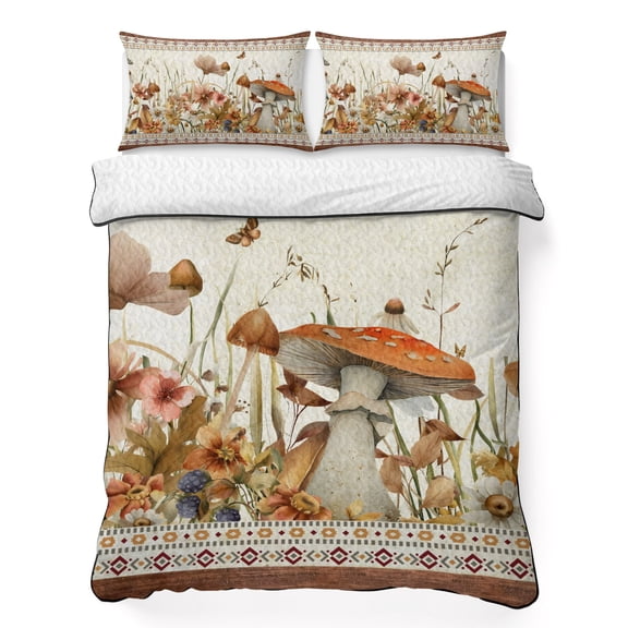 King Quilt Bedding Set Pastoral Mushrooms Wild Flower Summer Quilt Lightweight Quilted Coverlet with 2 Pillow Shams, Retro Southwest Ethnic 3-Piece Bedspread Quilt Set for All Season
