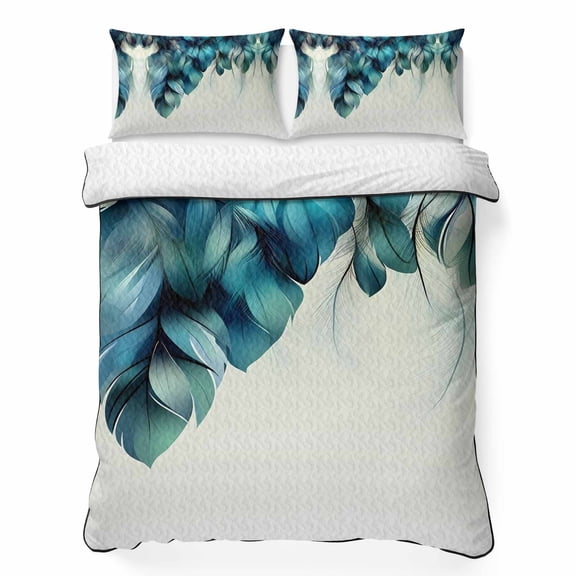 King Quilt Bedding Set, Peacock Feather Blue Gradient Soft Microfiber Summer Bedspread Coverlet with 2 Pillow Shams for All Season, Minimalist Style Breathable Bedding Set for Hot Sleepers