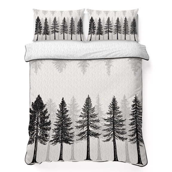 King Quilt Bedding Set, Pine Trees Forest Landscape 3 Piece Bedding Set Lightweight Breathable Quilt with 2 Pillow Shams, Black Trees Silhouette on Beige Soft Summer Comforter for Hot Sleepers