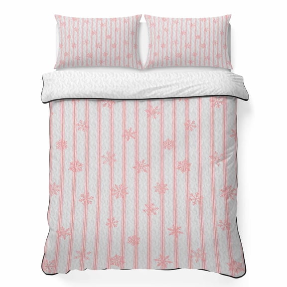 King Quilt Bedding Set, Pink Winter Snowflake Soft Microfiber Summer Bedspread Coverlet with 2 Pillow Shams for All Season, Abstract Geometric Striped Breathable Bedding Set for Hot Sleepers