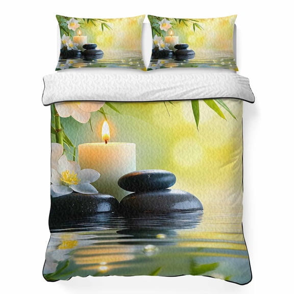 King Quilt Bedding Set Plumeria Flower Stones Lake Zen Meditation Breathable Summer Cooling Blanket for Hot Sleepers, Still Life Lightweight Soft Bedding Set with 2 Pillow Shams for All Season
