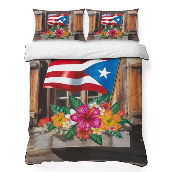 King Quilt Bedding Set Puerto Rico Flag with Colorful Flowers Breathable Summer Cooling Blanket for Hot Sleepers, Vintage Farm Barn Lightweight Soft Bedding Set with 2 Pillow Shams for All Season