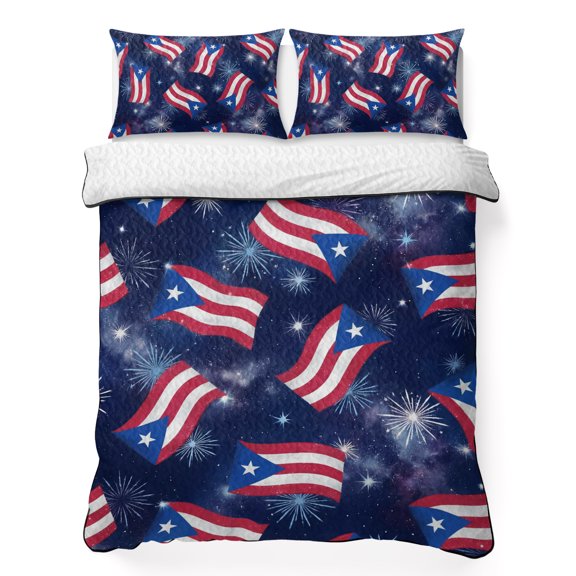 King Quilt Bedding Set Puerto Rico Flags Breathable Summer Cooling Blanket for Hot Sleepers, Fireworks on Blue Background Lightweight Soft Bedding Set with 2 Pillow Shams for All Season